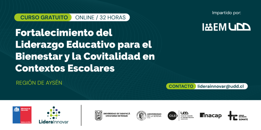 Gráfica del curso gratuito sobre liderazgo educativo, bienestar y covitalidad para profesionales de la Región de Aysén.